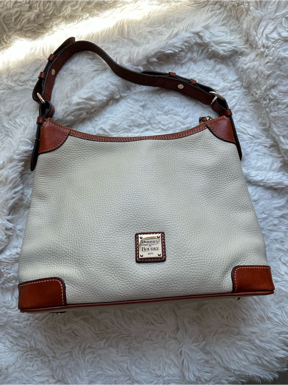 Dooney & Bourke Cream Leather Shoulder Bag with Brown Trim